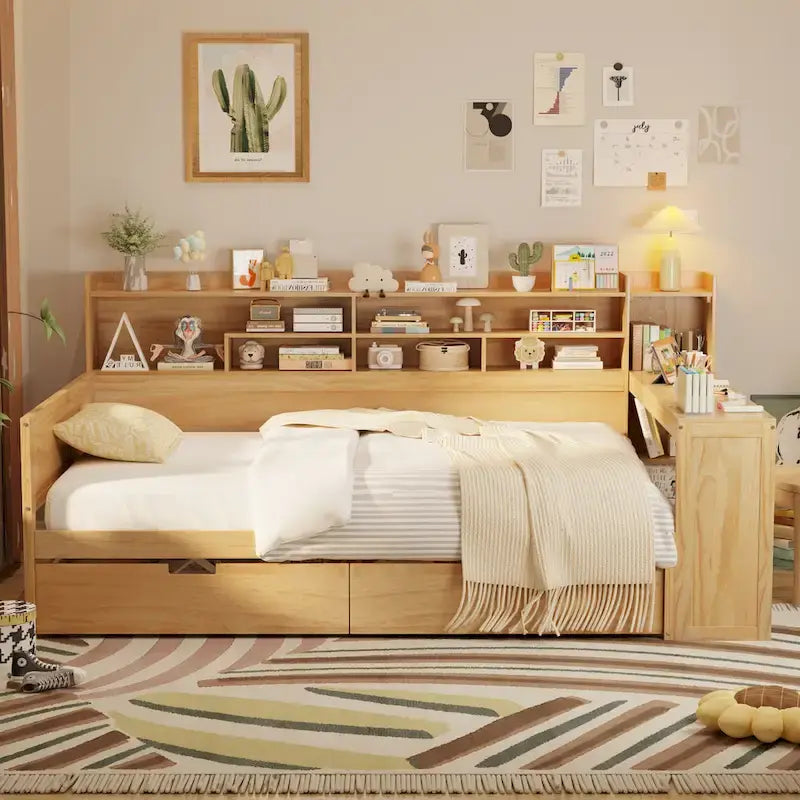 Lit de repos multifonctionnel avec étagères de rangement et deux tiroirs