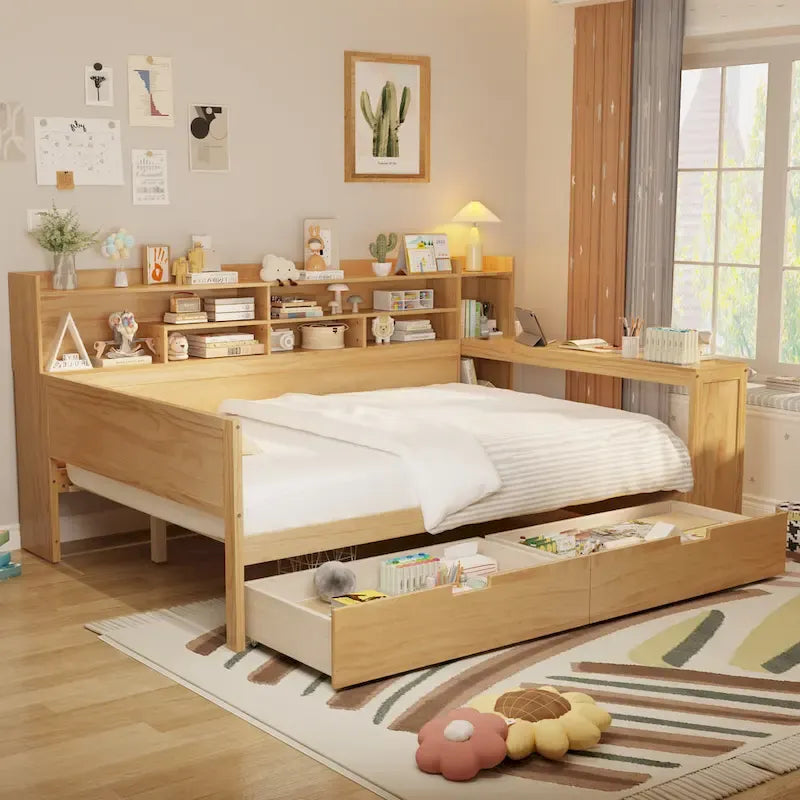 Lit de repos multifonctionnel avec étagères de rangement et deux tiroirs