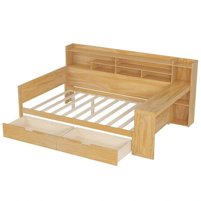 Lit de repos multifonctionnel avec étagères de rangement et deux tiroirs