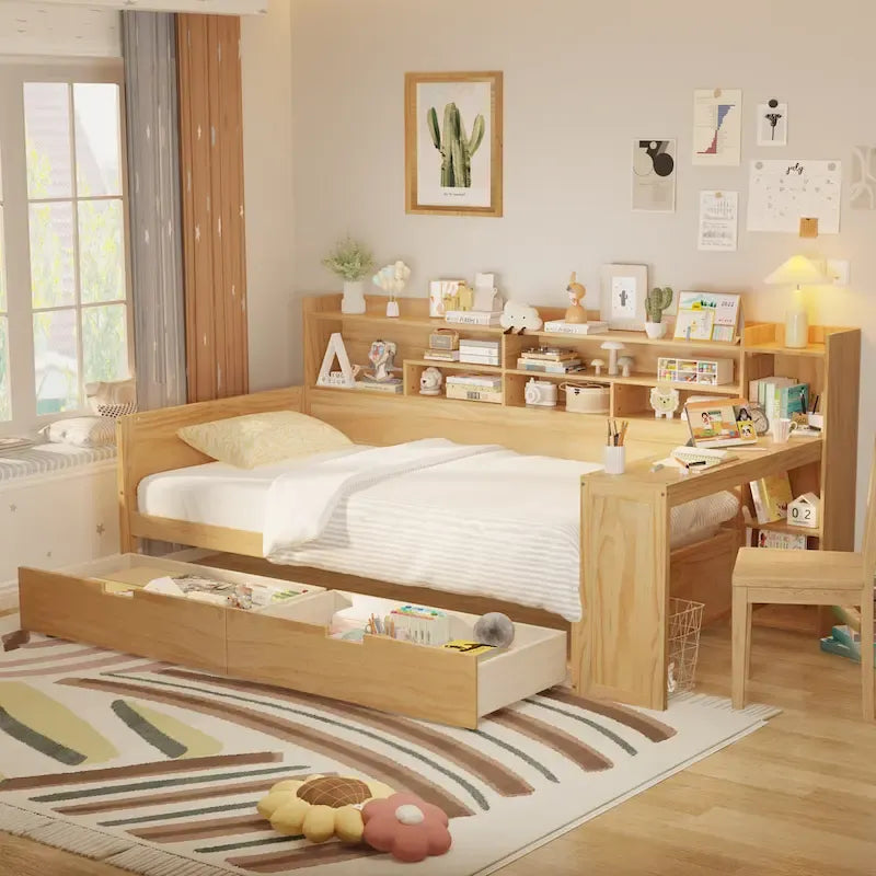 Lit de repos multifonctionnel avec étagères de rangement et deux tiroirs