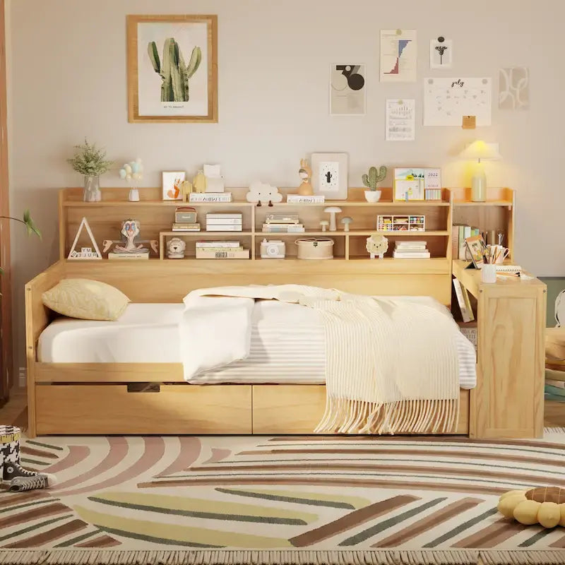 Lit de repos multifonctionnel avec étagères de rangement et deux tiroirs