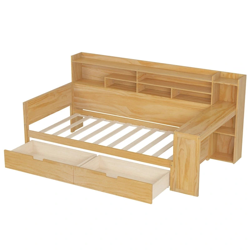 Lit de repos multifonctionnel avec étagères de rangement et deux tiroirs