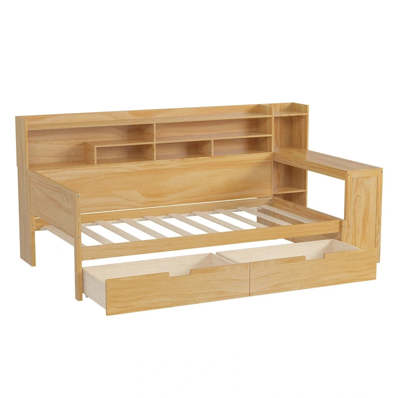 Lit de repos multifonctionnel avec étagères de rangement et deux tiroirs