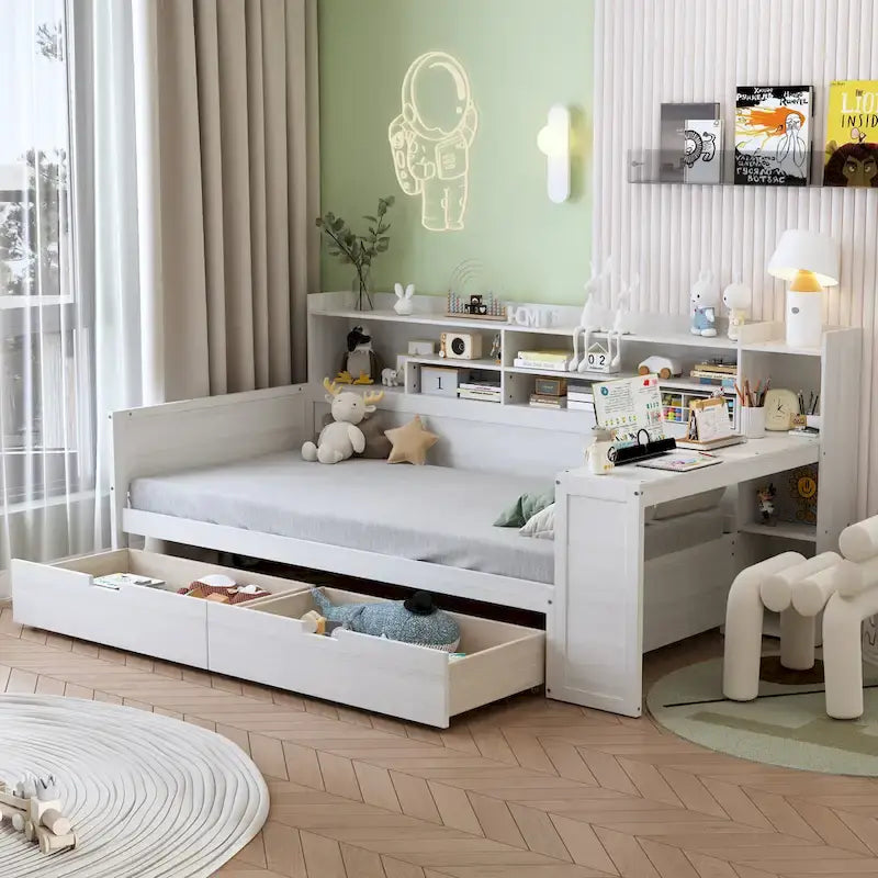 Lit de repos multifonctionnel avec étagères de rangement et deux tiroirs