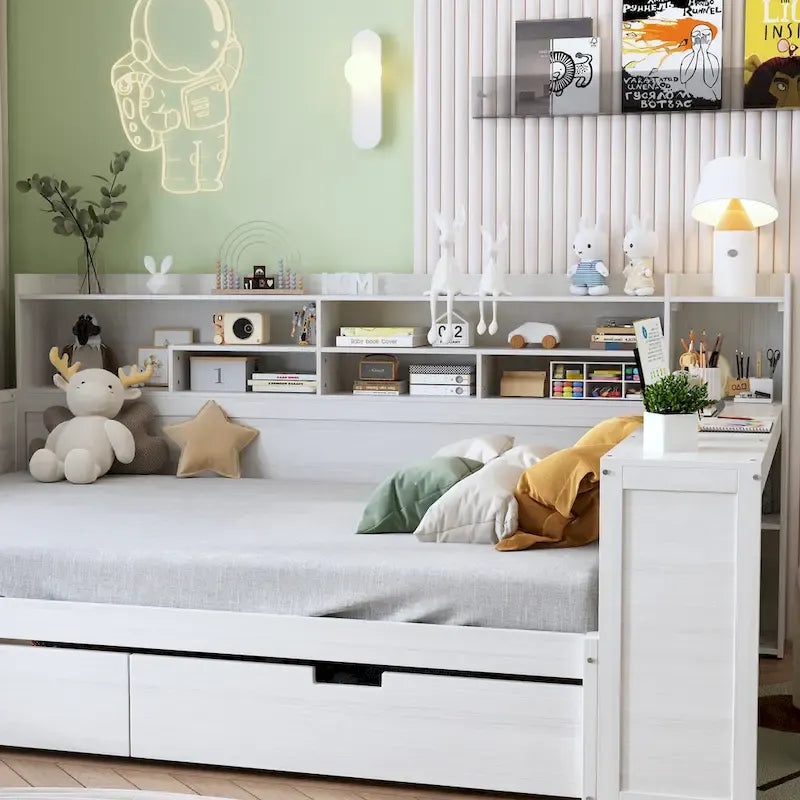 Lit de repos multifonctionnel avec étagères de rangement et deux tiroirs