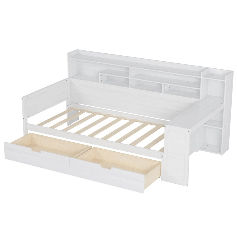 Lit de repos multifonctionnel avec étagères de rangement et deux tiroirs