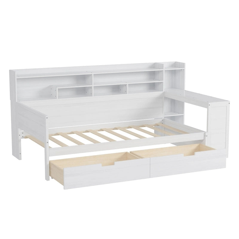 Lit de repos multifonctionnel avec étagères de rangement et deux tiroirs