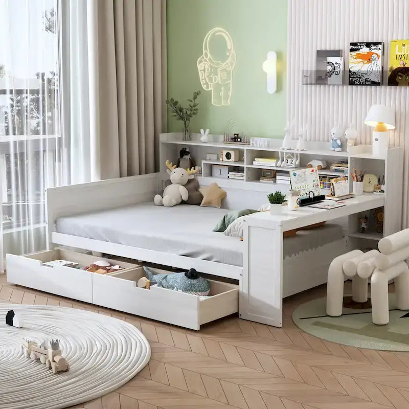 Lit de repos multifonctionnel avec étagères de rangement et deux tiroirs