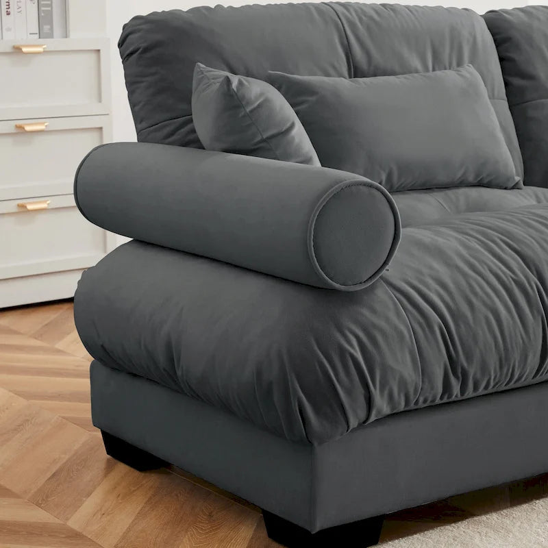 Canapé modulable en velours avec coussin nuage et appuie-têtes cylindriques