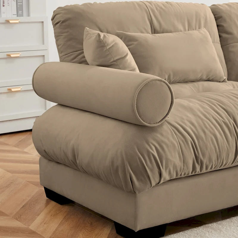 Canapé modulable en velours avec coussin nuage et appuie-têtes cylindriques