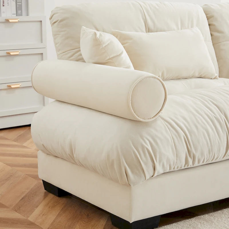 Canapé modulable en velours avec coussin nuage et appuie-têtes cylindriques