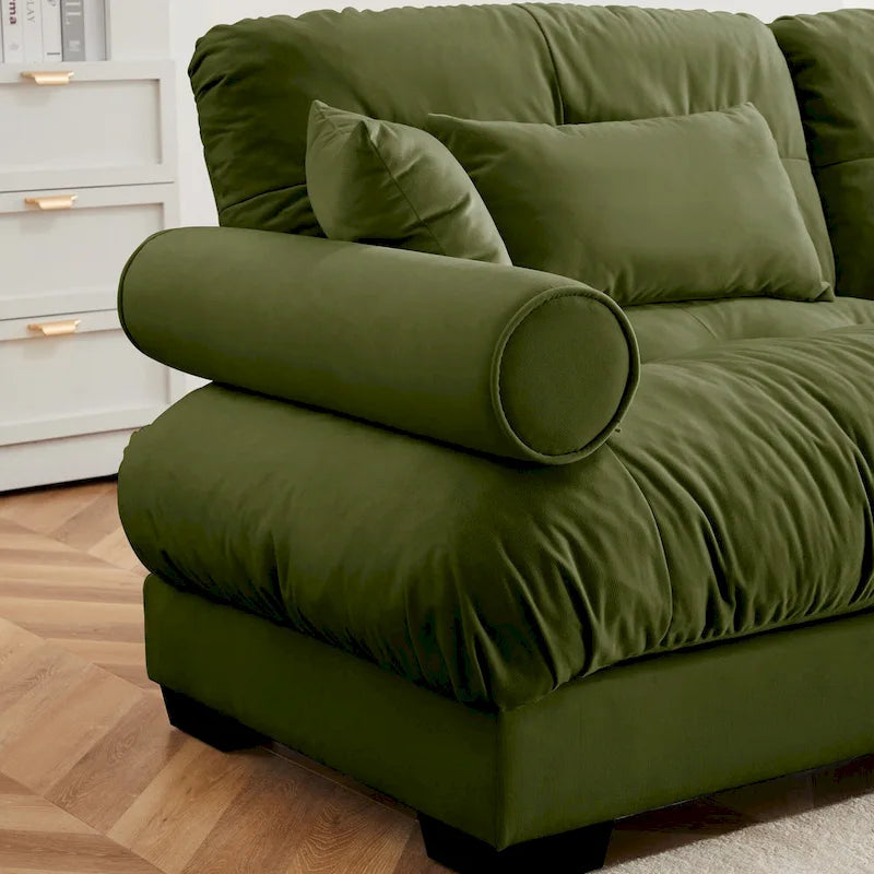 Canapé modulable en velours avec coussin nuage et appuie-têtes cylindriques
