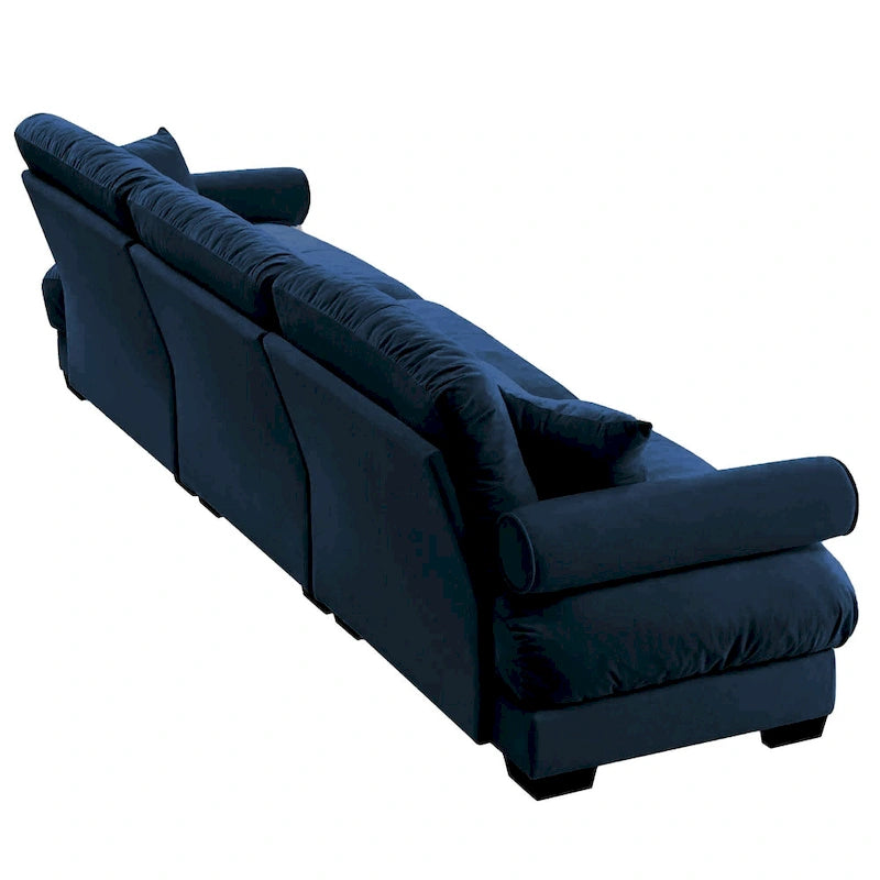 Canapé modulable en velours avec coussin nuage et appuie-têtes cylindriques