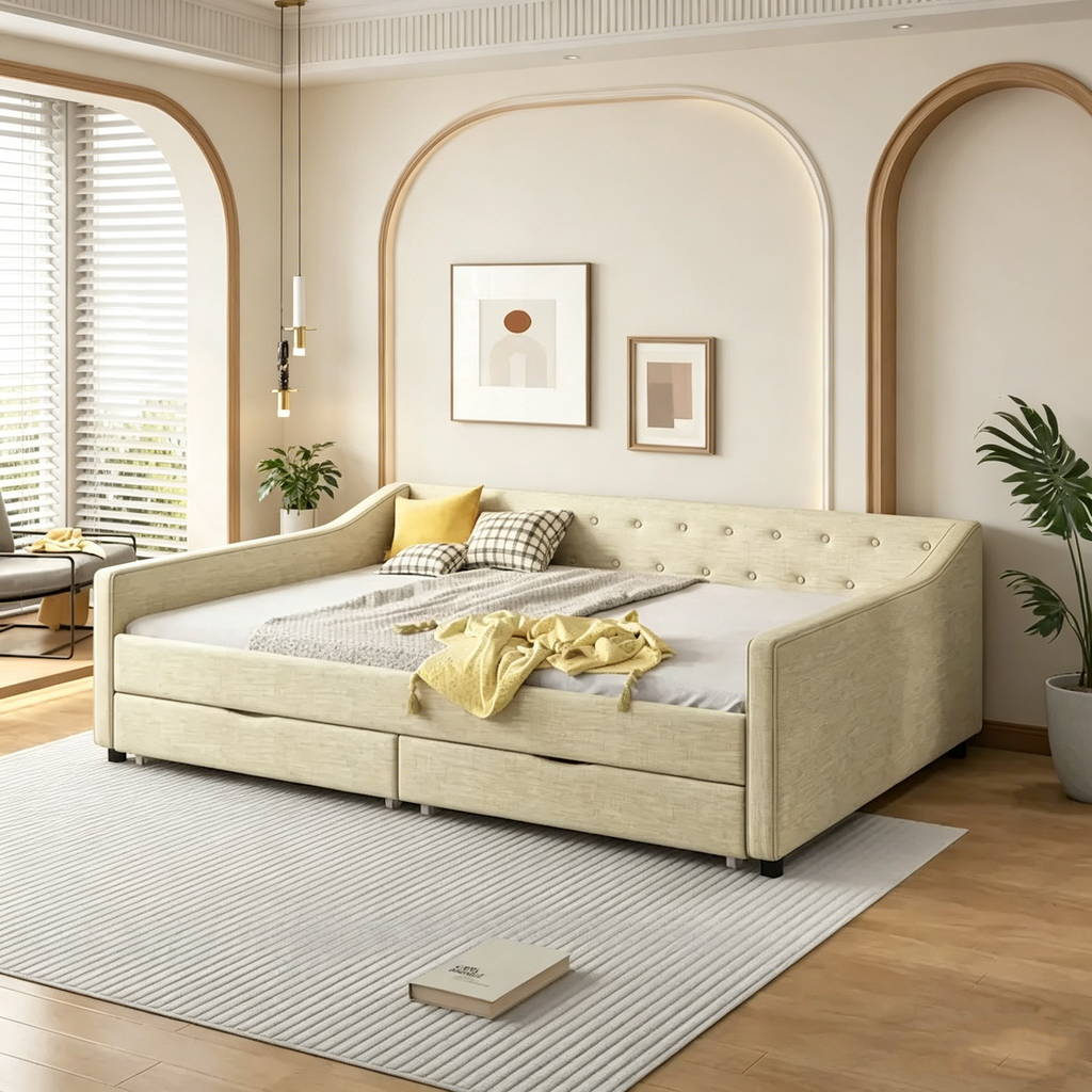 Lit de repos capitonné avec tiroirs pour chambre à coucher