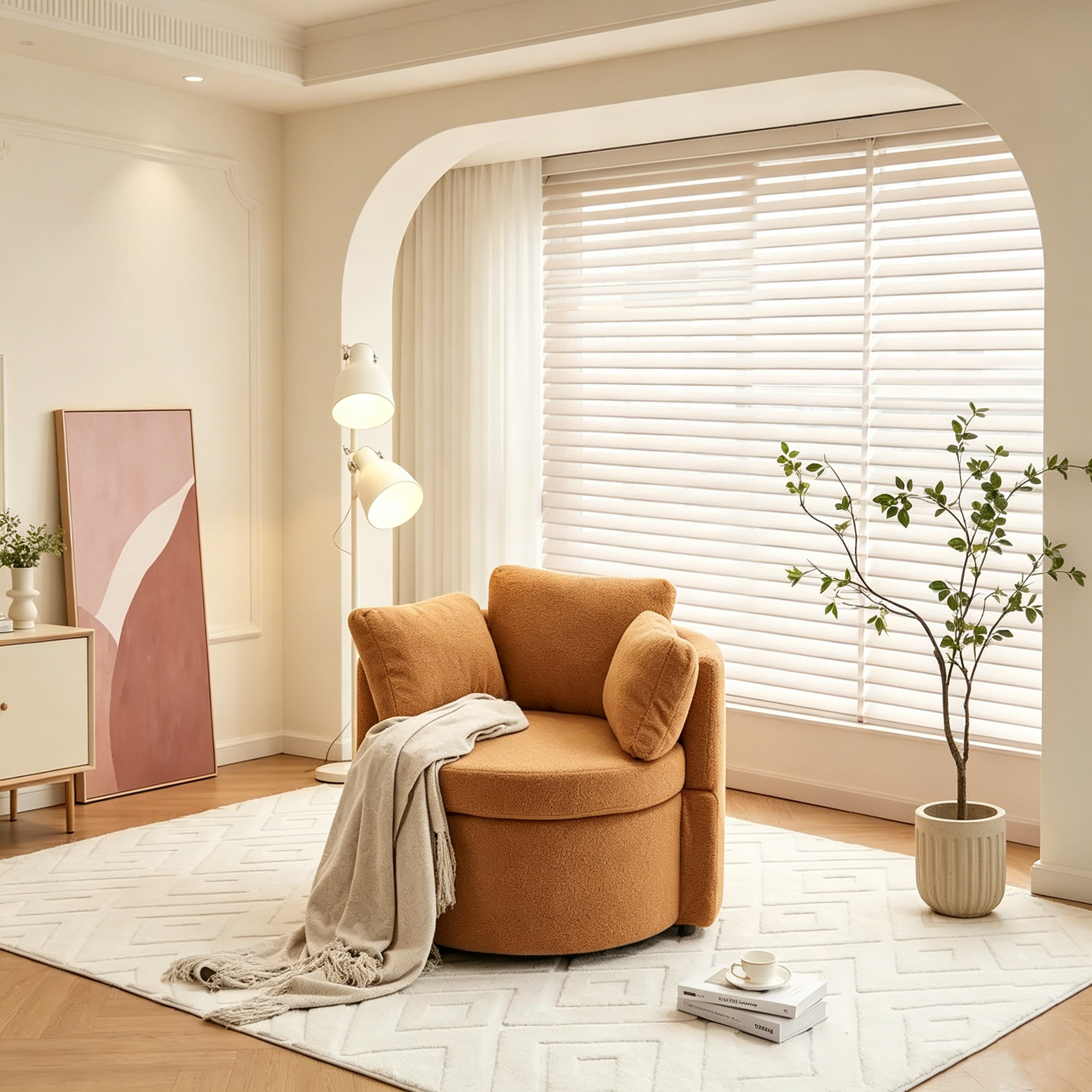 Fauteuil pivotant en tissu avec rangement et coussin de dossier pour le salon
