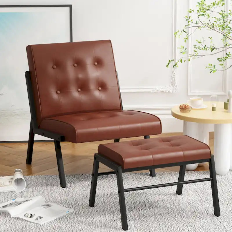 Fauteuil d'appoint en similicuir style Mid-Century Mieres avec ottoman, fauteuil sans accoudoirs capitonné de 60 cm de large pour salon