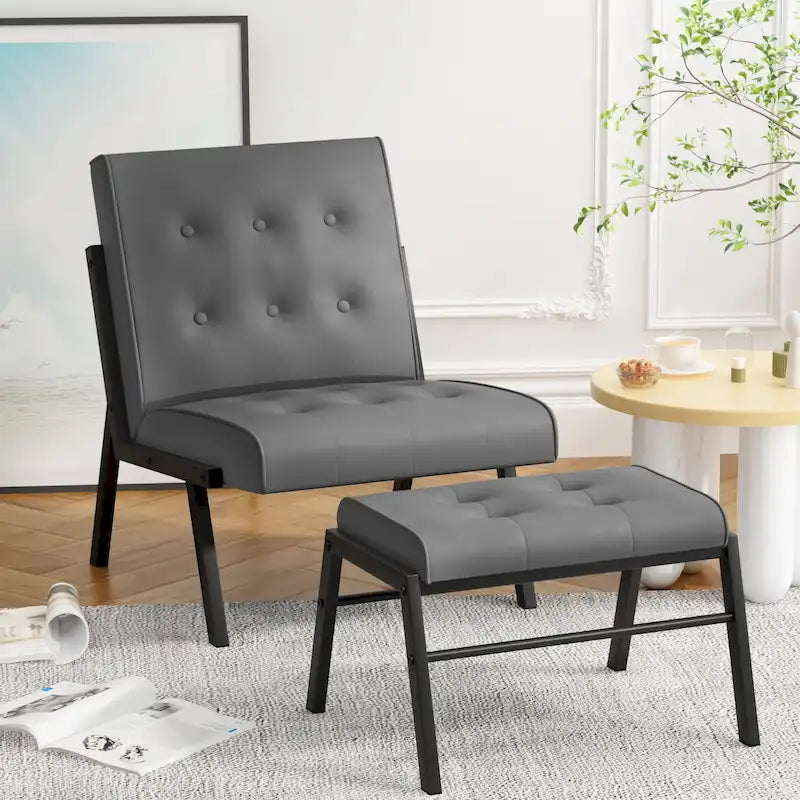Fauteuil d'appoint en similicuir style Mid-Century Mieres avec ottoman, fauteuil sans accoudoirs capitonné de 60 cm de large pour salon