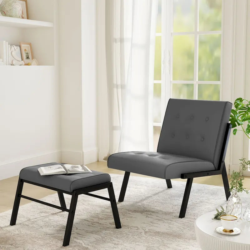 Fauteuil d'appoint en similicuir style Mid-Century Mieres avec ottoman, fauteuil sans accoudoirs capitonné de 60 cm de large pour salon