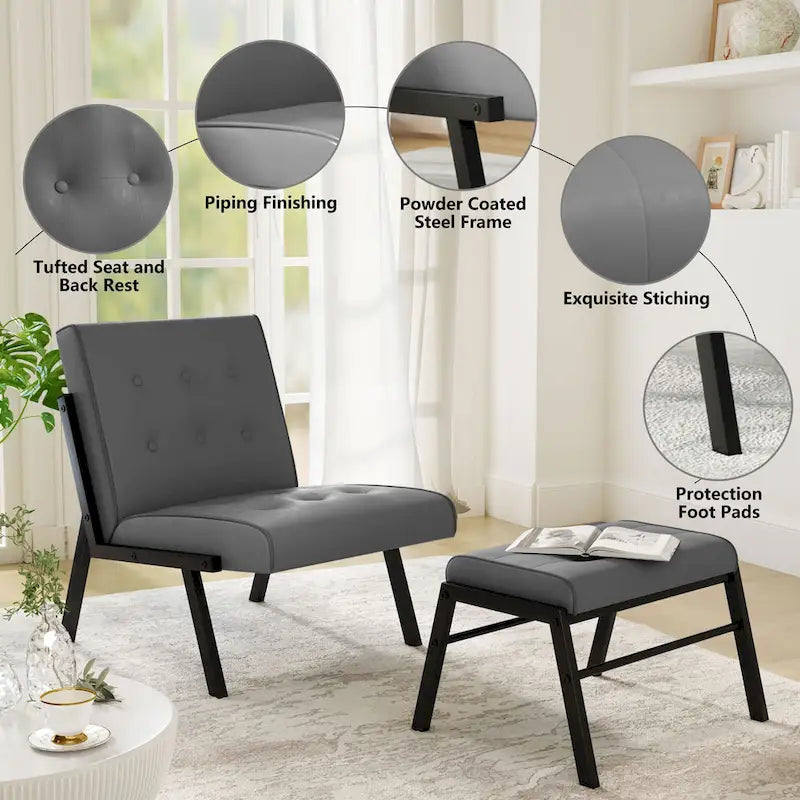 Fauteuil d'appoint en similicuir style Mid-Century Mieres avec ottoman, fauteuil sans accoudoirs capitonné de 60 cm de large pour salon