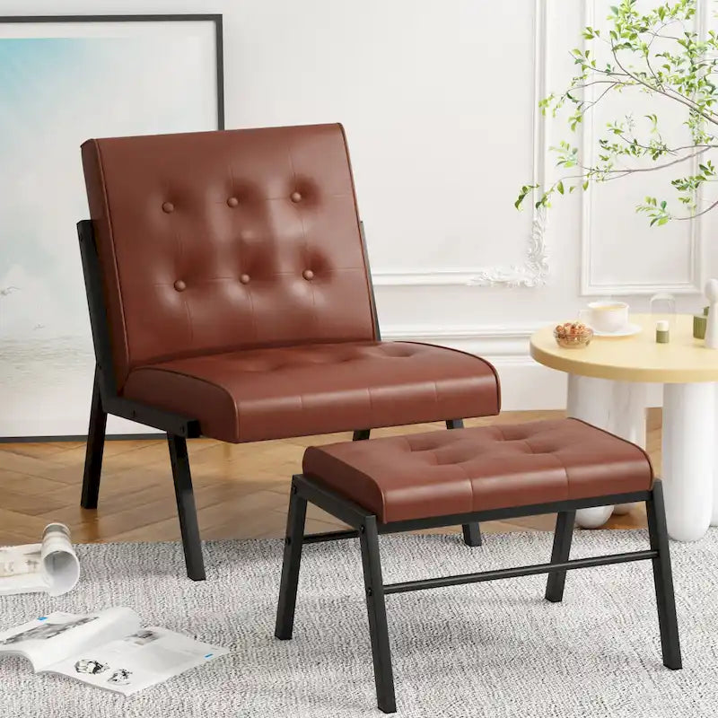 Fauteuil d'appoint en similicuir style Mid-Century Mieres avec ottoman, fauteuil sans accoudoirs capitonné de 60 cm de large pour salon