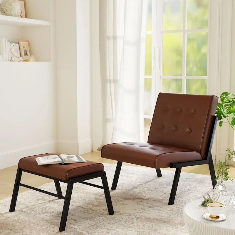 Fauteuil d'appoint en similicuir style Mid-Century Mieres avec ottoman, fauteuil sans accoudoirs capitonné de 60 cm de large pour salon