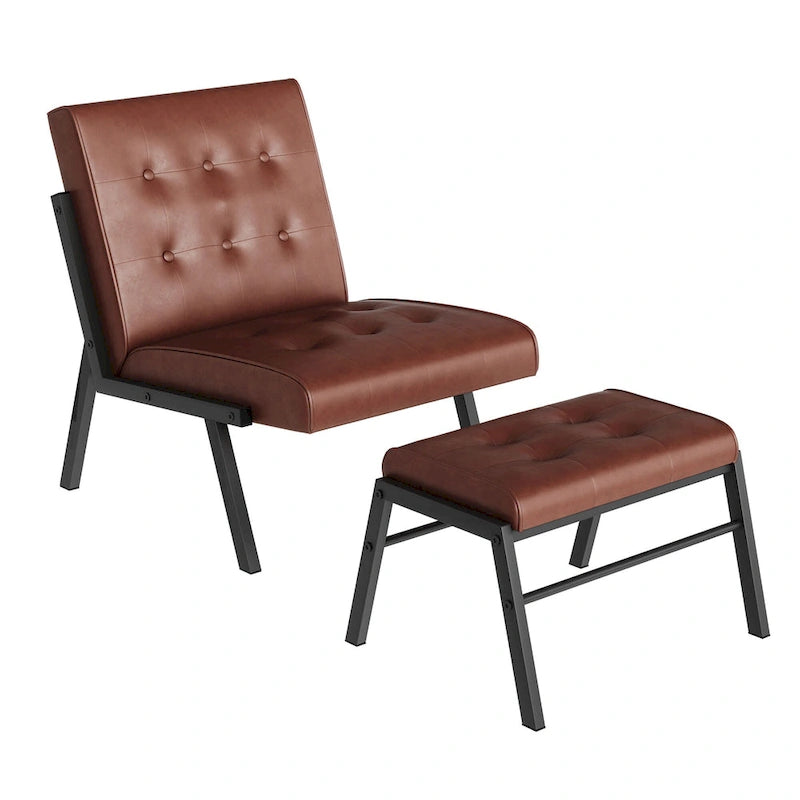 Fauteuil d'appoint en similicuir style Mid-Century Mieres avec ottoman, fauteuil sans accoudoirs capitonné de 60 cm de large pour salon