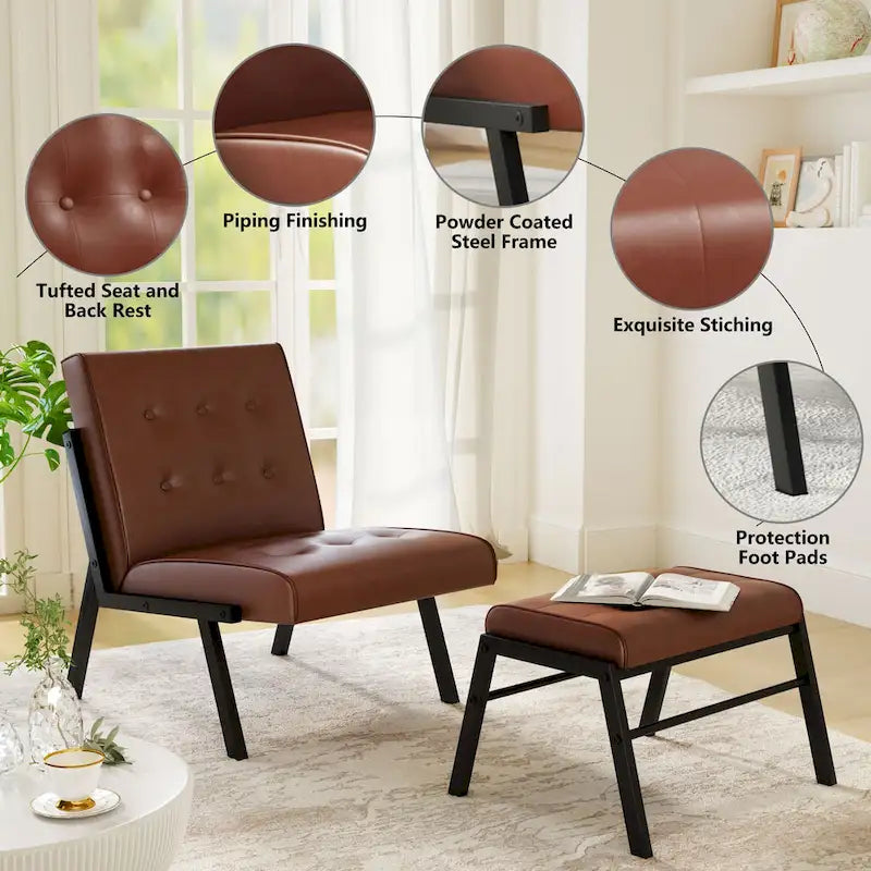 Fauteuil d'appoint en similicuir style Mid-Century Mieres avec ottoman, fauteuil sans accoudoirs capitonné de 60 cm de large pour salon