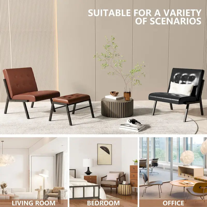 Fauteuil d'appoint en similicuir style Mid-Century Mieres avec ottoman, fauteuil sans accoudoirs capitonné de 60 cm de large pour salon