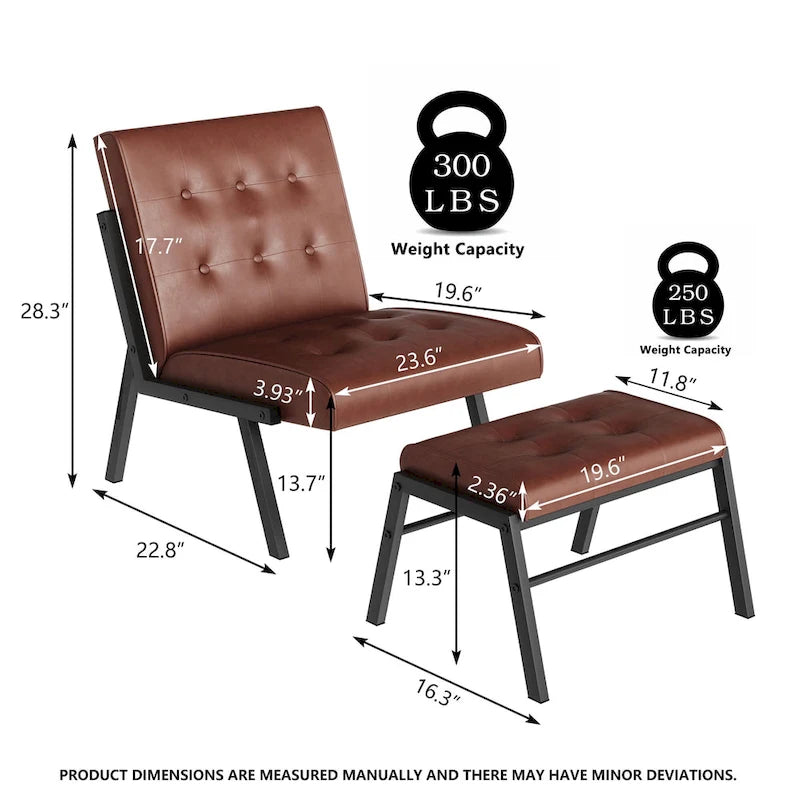 Fauteuil d'appoint en similicuir style Mid-Century Mieres avec ottoman, fauteuil sans accoudoirs capitonné de 60 cm de large pour salon