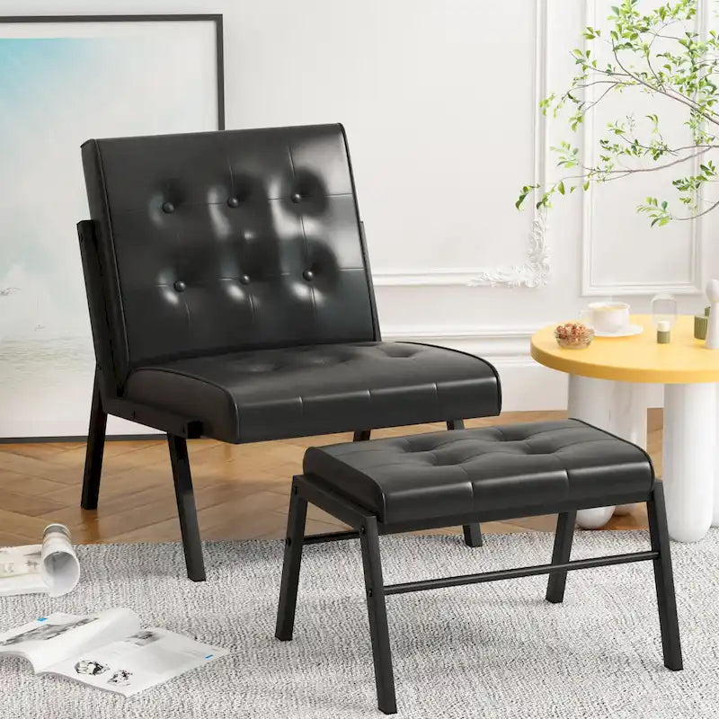 Fauteuil d'appoint en similicuir style Mid-Century Mieres avec ottoman, fauteuil sans accoudoirs capitonné de 60 cm de large pour salon