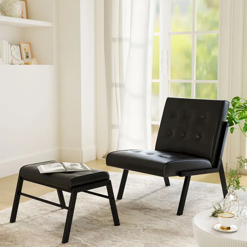 Fauteuil d'appoint en similicuir style Mid-Century Mieres avec ottoman, fauteuil sans accoudoirs capitonné de 60 cm de large pour salon