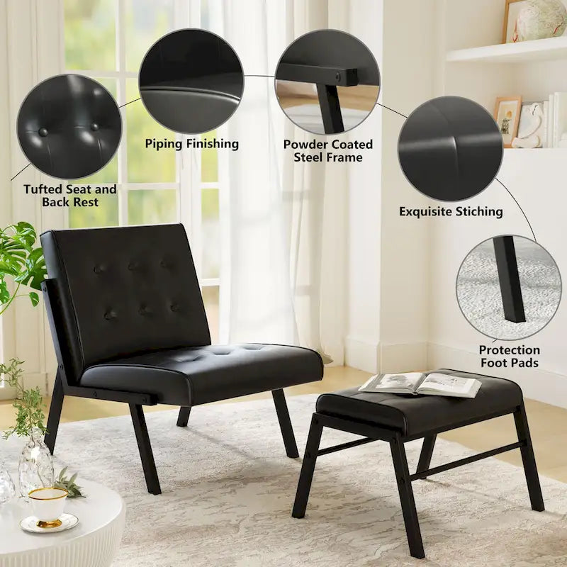 Fauteuil d'appoint en similicuir style Mid-Century Mieres avec ottoman, fauteuil sans accoudoirs capitonné de 60 cm de large pour salon