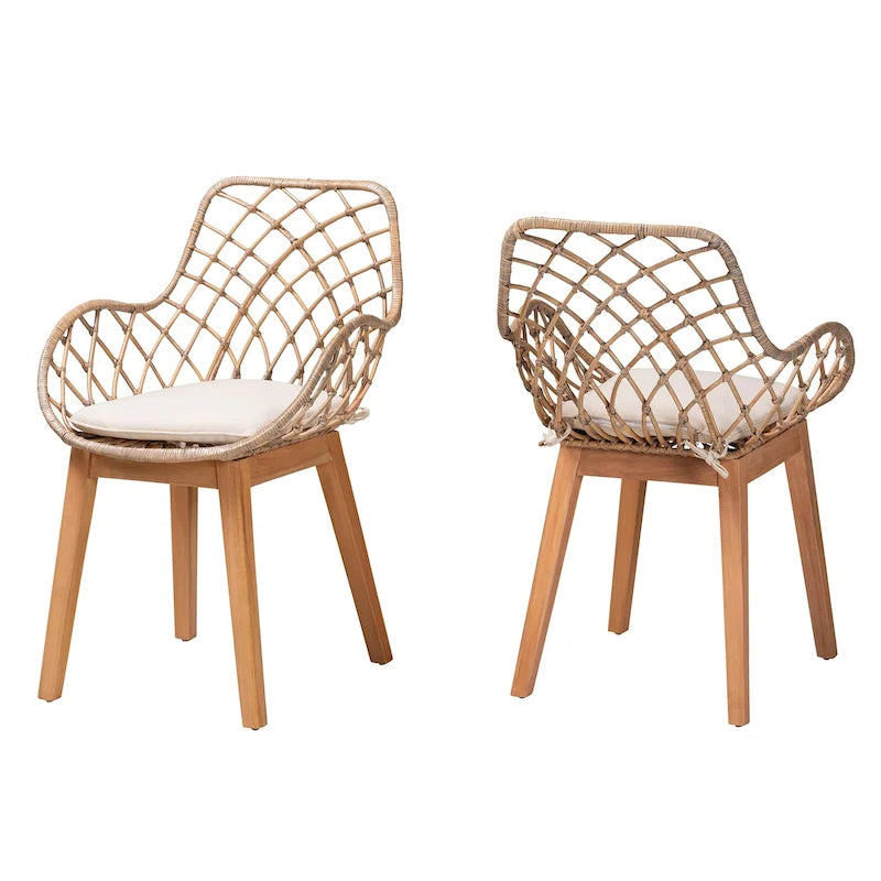 Chaise de salle à manger moderne en rotin gris délavé et bois finition marron naturel