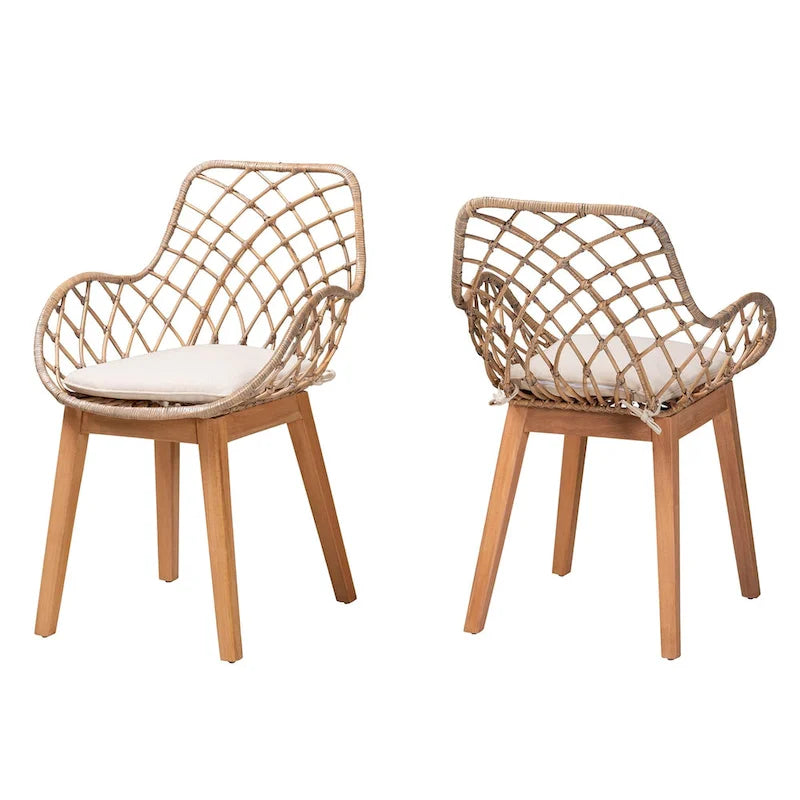 Chaise de salle à manger moderne en rotin gris délavé et bois finition marron naturel