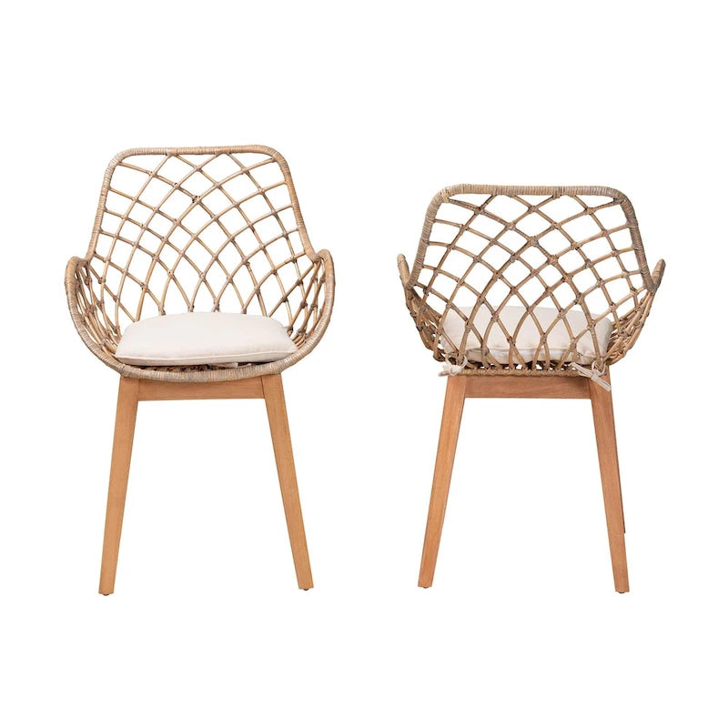 Chaise de salle à manger moderne en rotin gris délavé et bois finition marron naturel