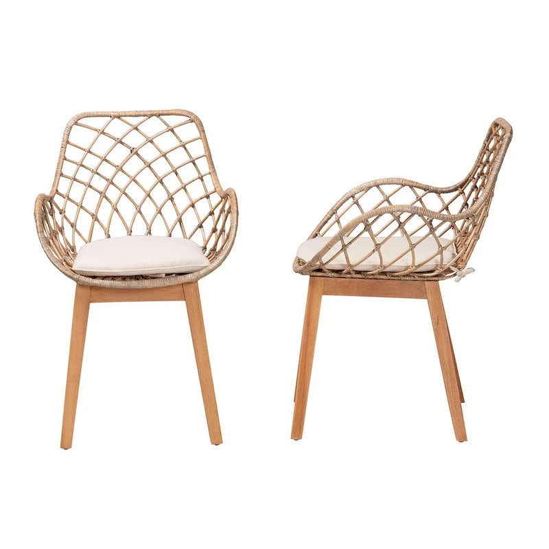 Chaise de salle à manger moderne en rotin gris délavé et bois finition marron naturel