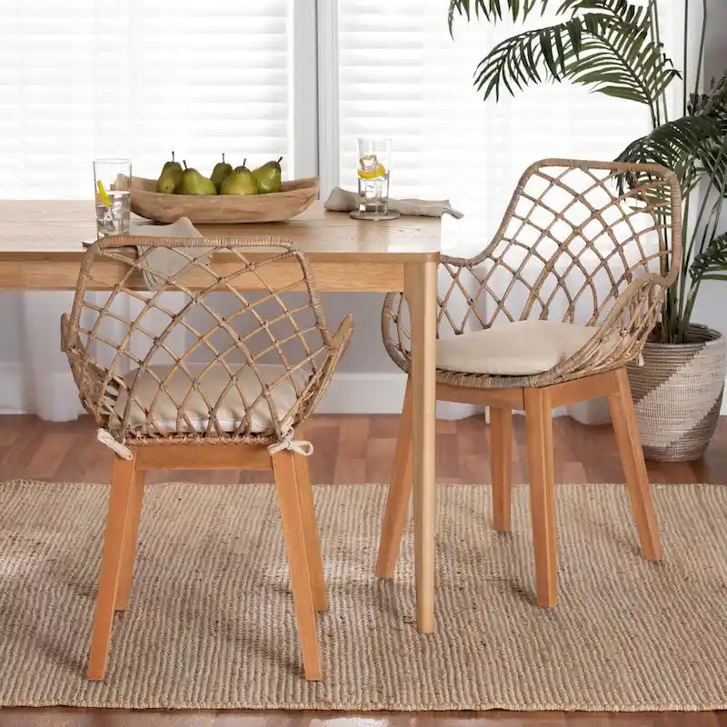 Chaise de salle à manger moderne en rotin gris délavé et bois finition marron naturel