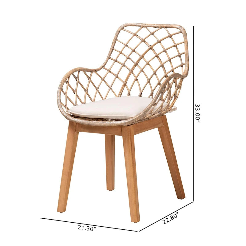 Chaise de salle à manger moderne en rotin gris délavé et bois finition marron naturel