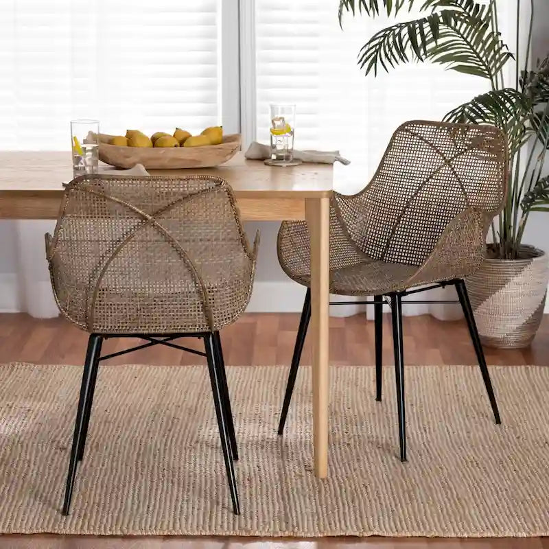 Chaise de salle à manger moderne en rotin gris délavé et bois finition marron naturel