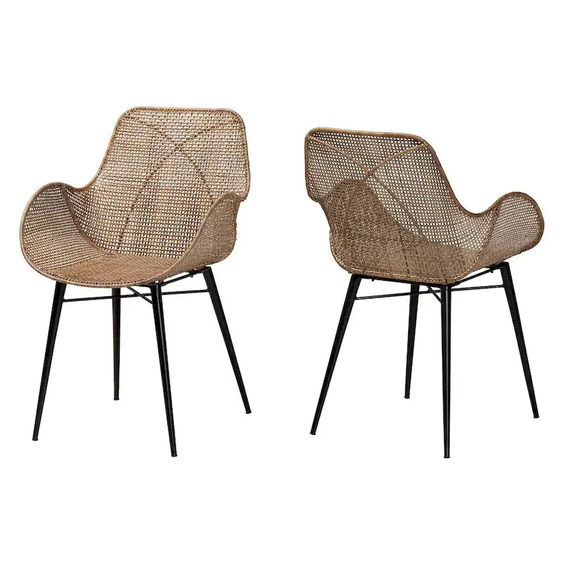 Chaise de salle à manger moderne en rotin gris délavé et bois finition marron naturel