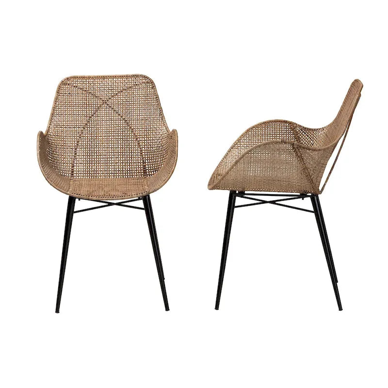 Chaise de salle à manger moderne en rotin gris délavé et bois finition marron naturel