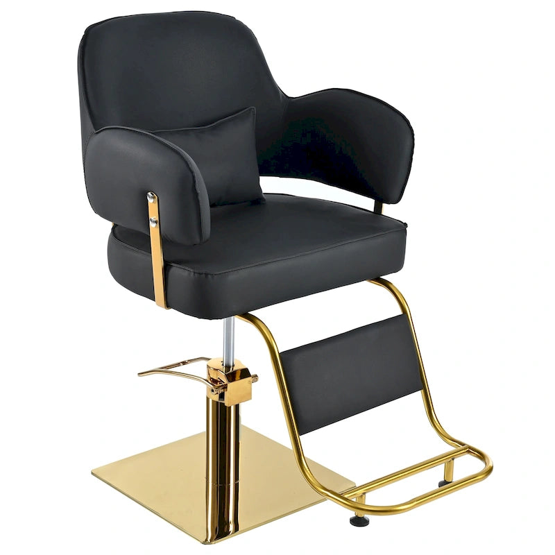 Fauteuil de barbier en cuir véritable noir avec accoudoirs pivotants