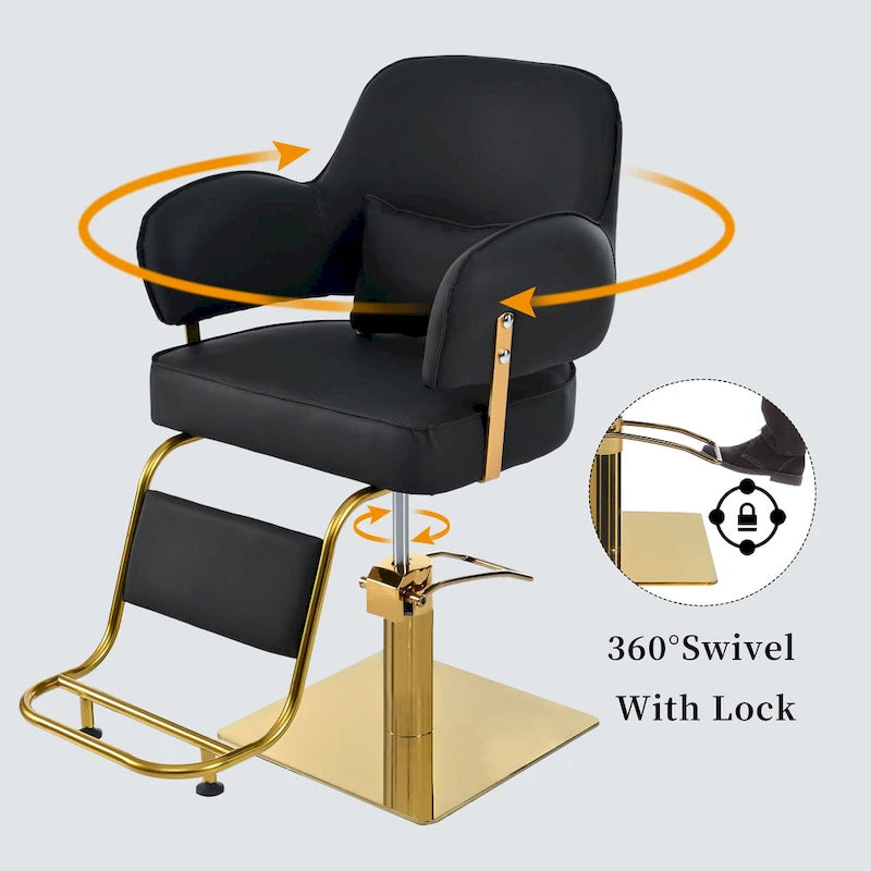 Fauteuil de barbier en cuir véritable noir avec accoudoirs pivotants