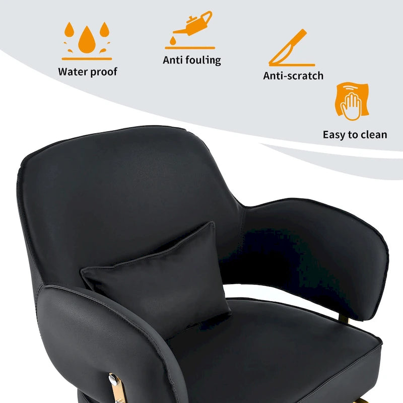 Fauteuil de barbier en cuir véritable noir avec accoudoirs pivotants
