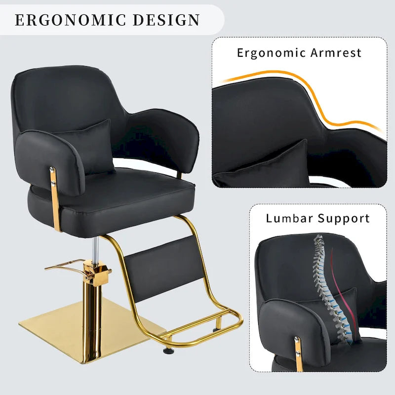 Fauteuil de barbier en cuir véritable noir avec accoudoirs pivotants