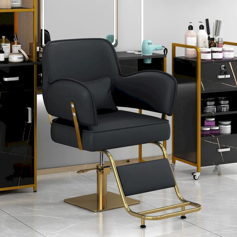 Fauteuil de barbier en cuir véritable noir avec accoudoirs pivotants