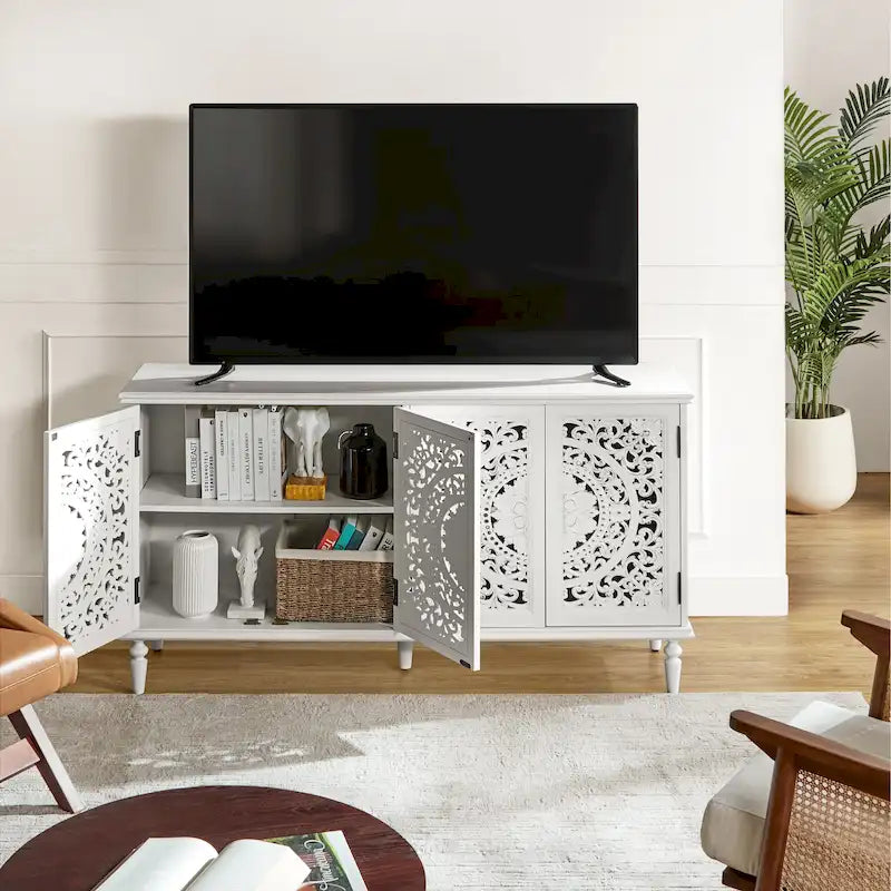 Meuble TV de rangement avec buffet intégré et éclairage, sculpté de manière traditionnelle