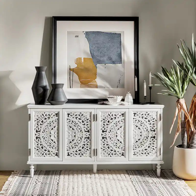 Meuble TV de rangement avec buffet intégré et éclairage, sculpté de manière traditionnelle