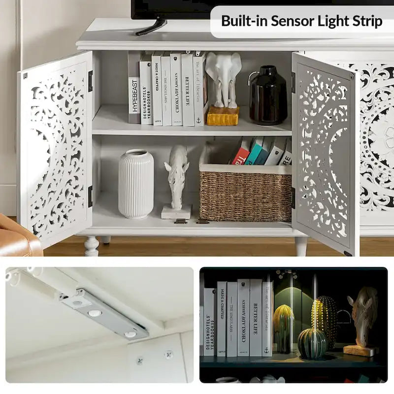 Meuble TV de rangement avec buffet intégré et éclairage, sculpté de manière traditionnelle