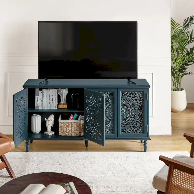 Meuble TV de rangement avec buffet intégré et éclairage, sculpté de manière traditionnelle